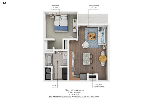 A diagram of a small apartment layout with a bedroom, living room, kitchen, and bathroom.